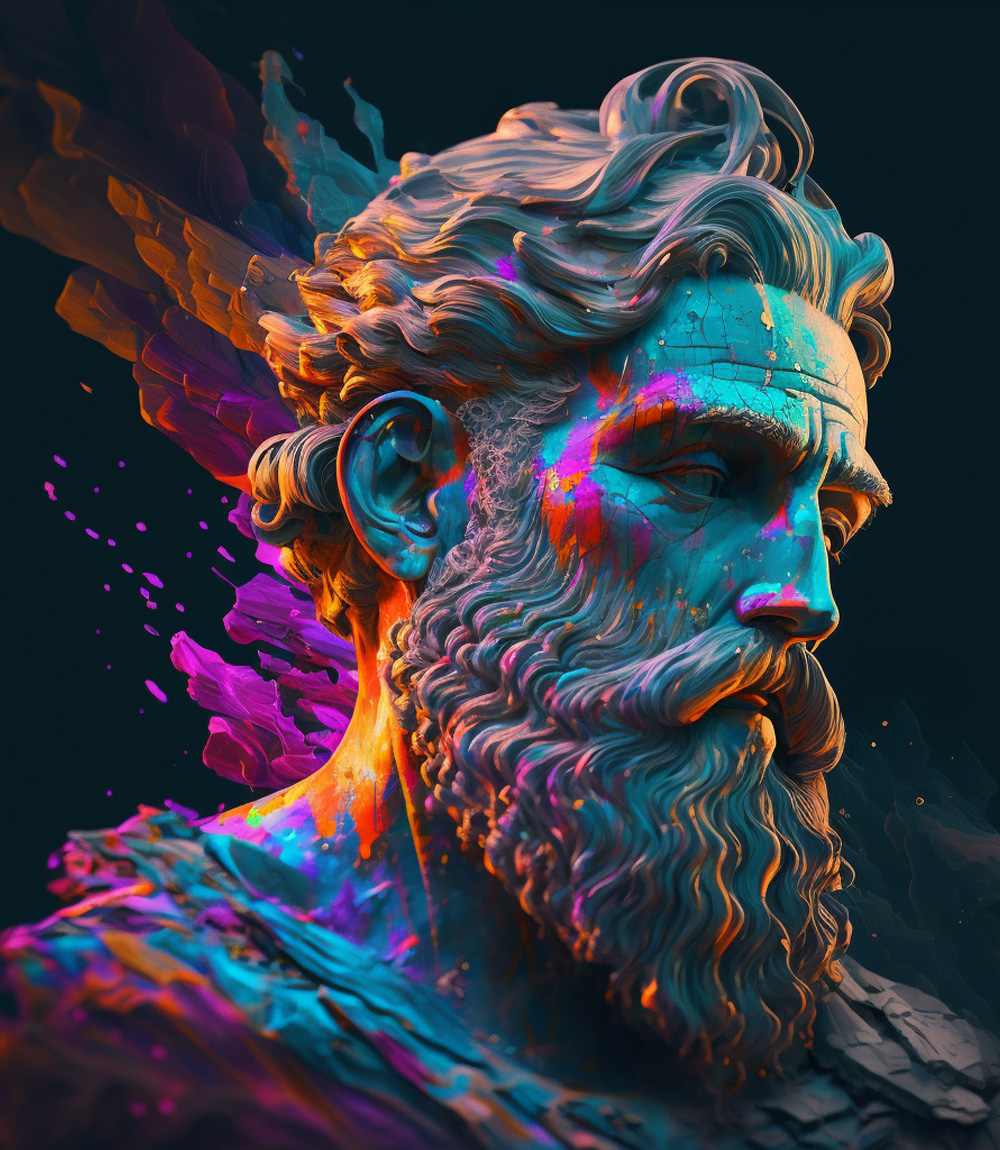 AI generated bust of greek god with neon colors
